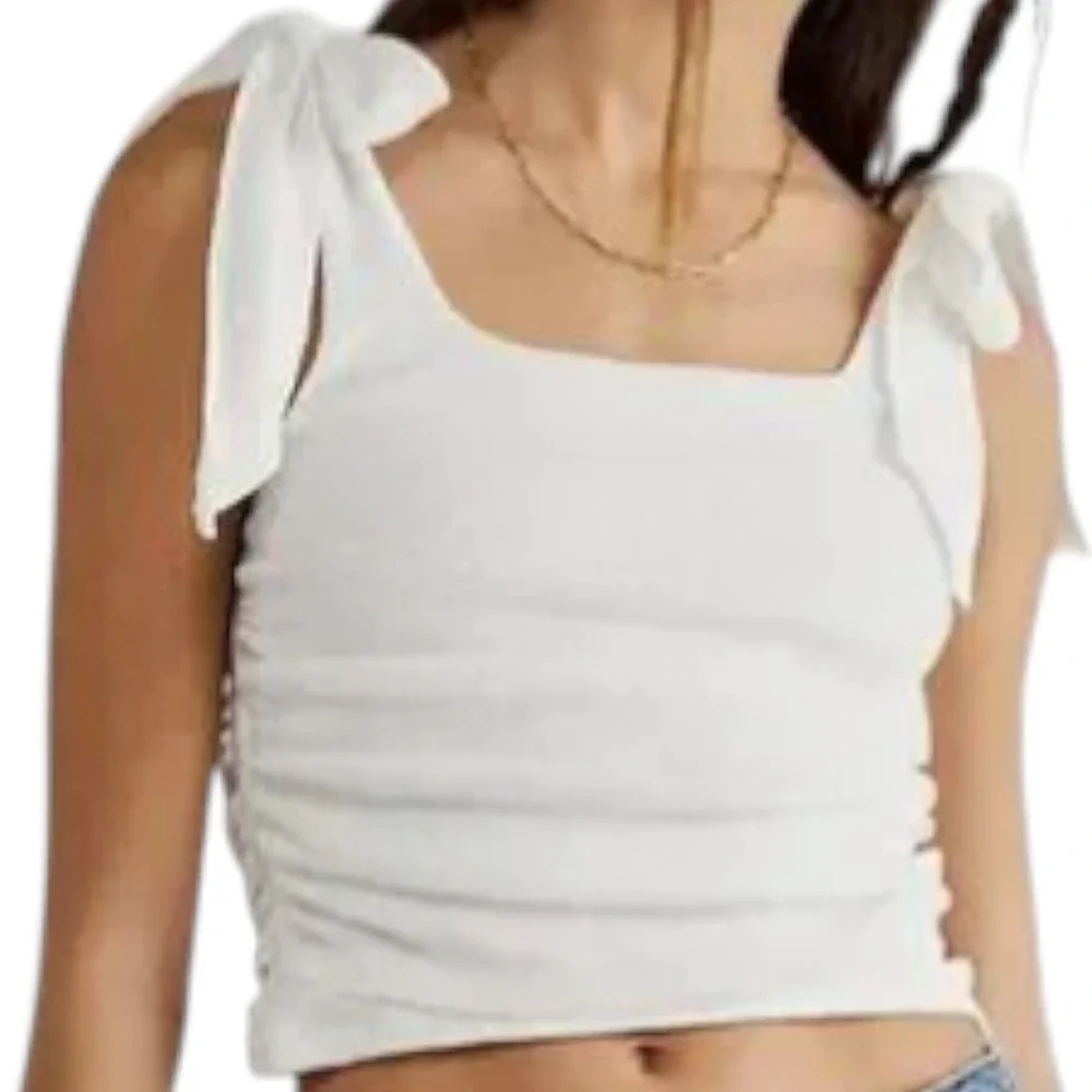 Free People Boulevard Tie Strap Tank Crop Top White Ruched‎ Cotton S Minimalist